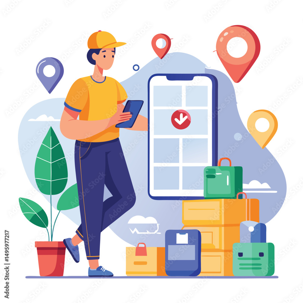 Poster delivery man using mobile app for package tracking and delivery