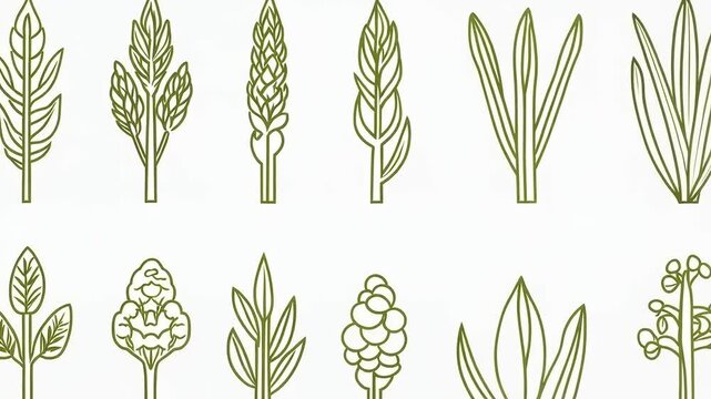 Botanical Line Art: Assortment of Green Plant and Flower Illustrations for Nature-Themed Designs