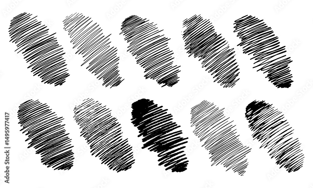 Poster ten random hatches in an oval field. doodles and squiggles. vector set