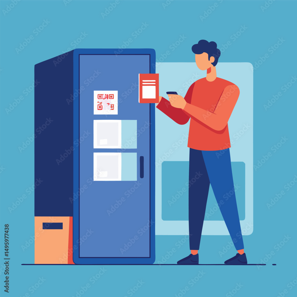 Aufkleber man scanning qr code on smart refrigerator with smartphone