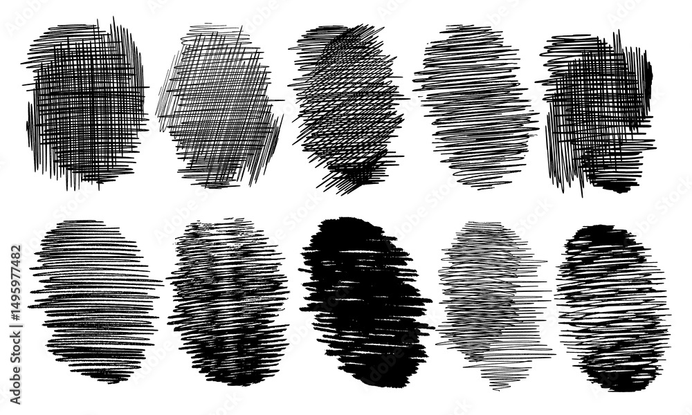 Poster ten complex hatched textures in an oval field. doodles and squiggles. vector set