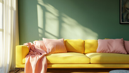Colorful Throw Pillows and Cozy Sofa Interiors – Modern Home Decor Photography. AI generative.