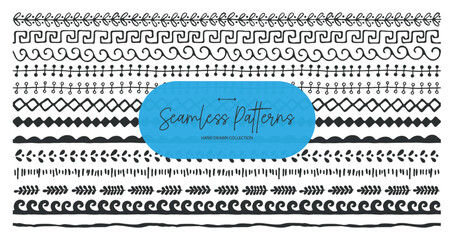 Set of hand-drawn decorative borders and seamless patterns. Tribal, boho, ethnic, and doodle style elements. Perfect for design, scrapbooking, and decoration.
