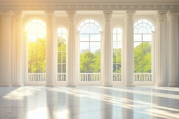 Obraz premium Sunlight illuminates white grand hall through large windows in palace or castle, surrounded by lush greenery