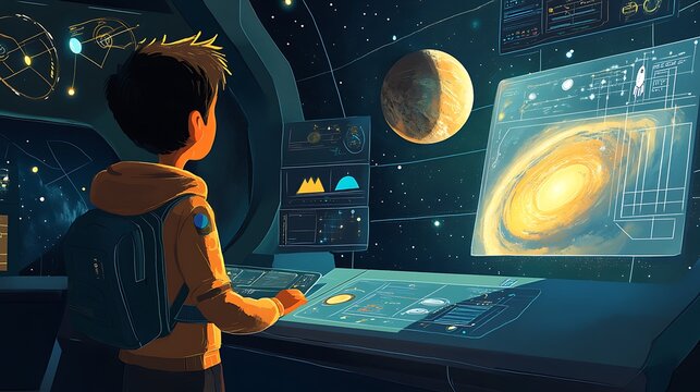 Boy Exploring Space Station Galaxy. - Powered by Adobe