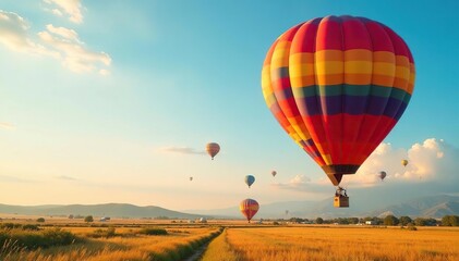 Colorful hot air balloon ascending over field, sky, festival, burner
