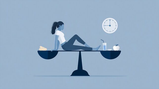 Balancing health and time: Woman on scales with healthy food, clock symbolizes priorities