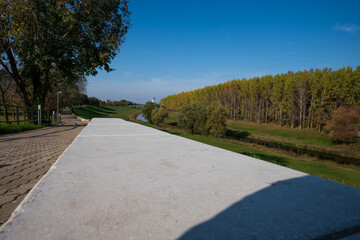 Riverbank path with forest and clear sky
