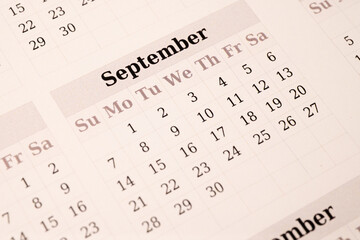 Closeup of a September calendar page

