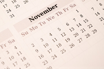 Closeup of a November calendar page

