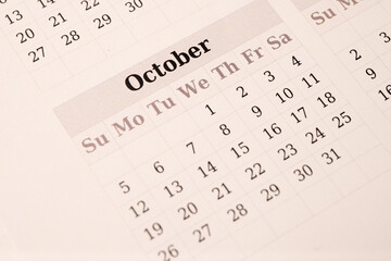 Closeup of an October calendar page
