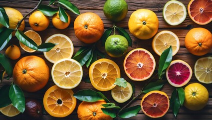 Vibrant citrus fruits on rustic wooden background