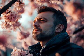 Dark night and warm mystic light - complementary lighting, spring mood creative. Handsome middle eastern midlife man inhaling the aromatic of cherry blossoms. Beautiful man in a spring garden.