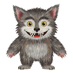 Obraz premium Cute Cartoon Wolf Character Smiling with Big Teeth on White Background