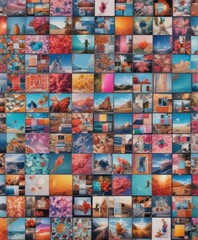 Vibrant photo collage grid; diverse shapes & sizes, colorful imagery , object, style
