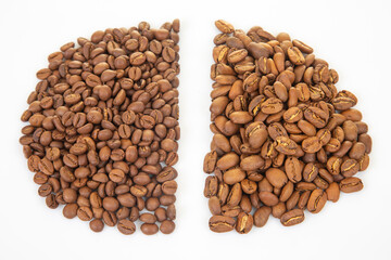 High-resolution image of roasted coffee beans with diverse brown shades on a white background, displaying their unique textures and splits. Suitable for coffee culture.