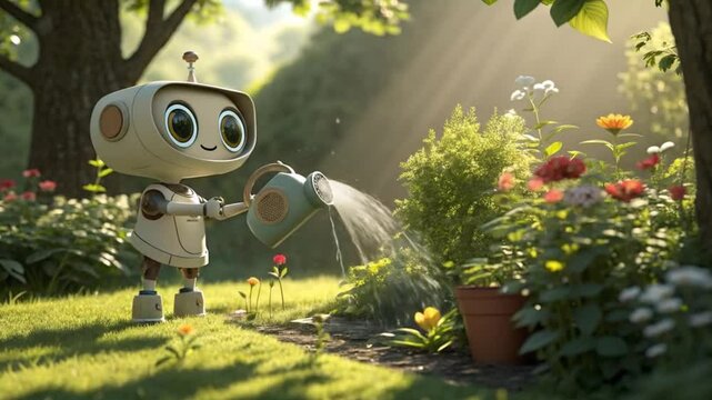 Cute robot watering flowers in garden, ai generated gardening robot, robot gardener, garden care robot