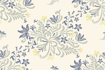 Vintage floral ethnic tapestry modern embroidery texture boho design vector illustration hand drawn silhouette indigo blue flower motif branches leaves wallpaper seamless background border.