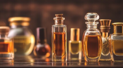 Elegant assortment of vintage glass perfume bottles with rich golden liquid showcasing beauty and luxury on a wooden table in a warm ambiance