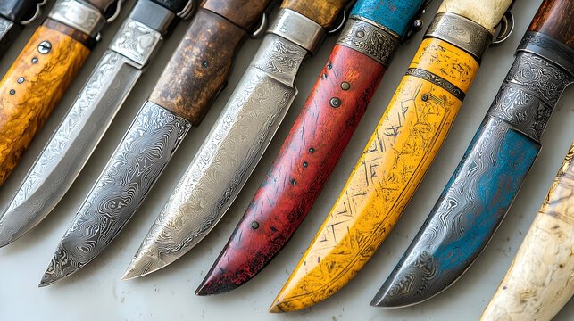 Collection of Finnish Puukko Knives with Decorative Handles and