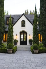 The exterior of this charming modern cottage is beautifully adorned with lush greenery and elegant landscaping, creating a serene atmosphere at twilight