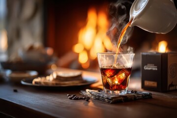 Pouring milk into a cup of tea from a porcelain milk jug, positioned on a white tablecloth with a fire burning in the background, embodies the feeling of winter