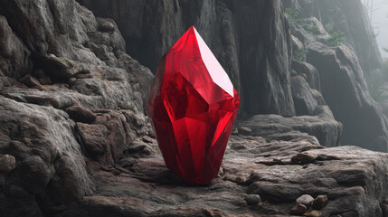 A large, bright red crystal sits prominently on a rocky surface with a background of blurred trees and mist, creating a mystical and surreal landscape look.