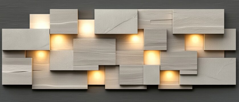 A modern art piece featuring a geometric design of white squares with light beige lines and warm yellow light emanating from within. - Powered by Adobe