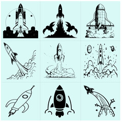 Rocket launch vector black and white set-2