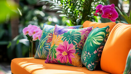 Colorful Throw Pillows and Cozy Sofa Interiors – Modern Home Decor Photography. AI generative.