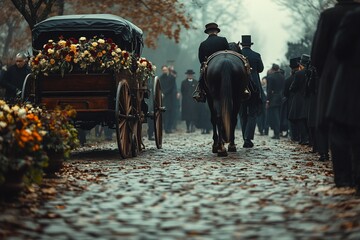 Solemn horse-drawn hearse carrying a floral tribute, surrounded by mourners