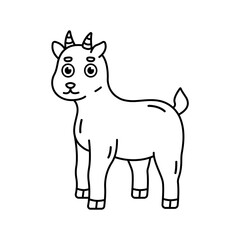 Flat cartoon illustration of hand drawn baby goat for kids coloring book. Cute image of farm animal on white background. Black and white outline drawing, suitable for children