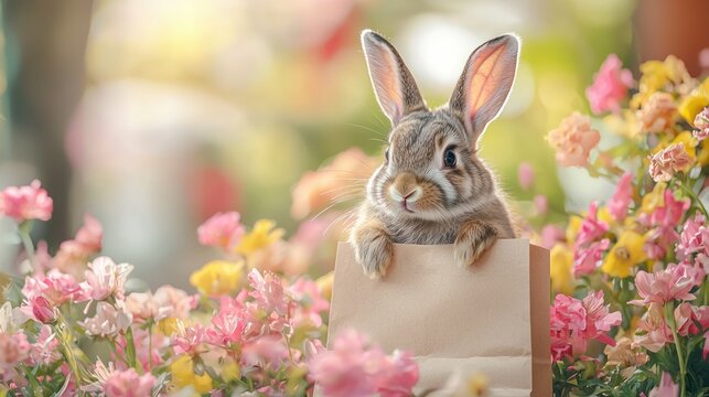 Bunny peeking from paper bag in spring flowers