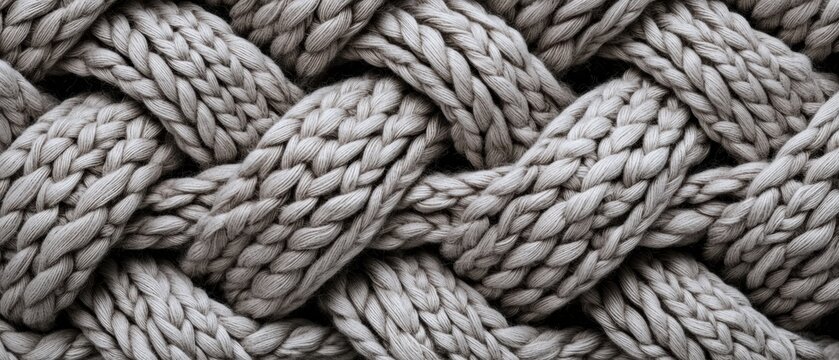 A close-up image of a knitted fabric with a complex interwoven pattern.