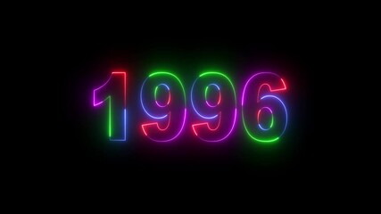 1996 neon line text. Abstract 1996 neon text animation ,For  color neon glowing neon number text background . Digital font against a dark background with neon line looping animation.