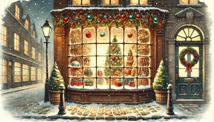 A cozy watercolor-style illustration of a vintage storefront beautifully decorated for Christmas, with warm lights glowing through arched windows showcasing a tree, gifts, and festive displays. 