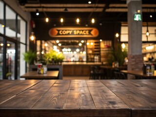 Empty wooden table in a cozy restaurant setting