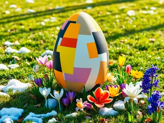 Easter eggs with abstract patterns decorate the spring lawn, shining under the rays of the sun. Bright colors intertwine with delicate greenery, creating a festive mood