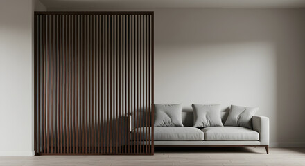 Modern Living Room With Wooden Partition And Minimalist Style Sofa