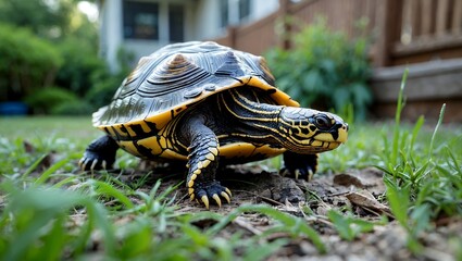 Obraz premium Wild turtle encountered in backyard adventure