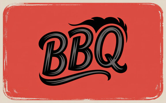 Illustration of bbq text in black with a flame on a red background plate