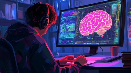Teen studies brain on computer.