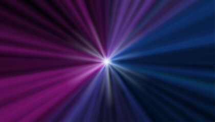 Blue and purple or pink laser beams shine from a center point on a black background, theme of celebration, festival, party.