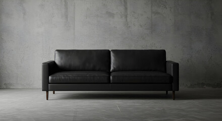 Elegant Black Leather Couch Against a Rustic Concrete Wall Backdrop