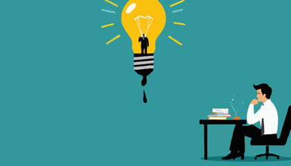 Problem solving, solution or strategic thinking, creativity to solve frustrated problem, contemplation on messy issue, opportunity discovery, businessman thinking with mess problem and lightbulb ide