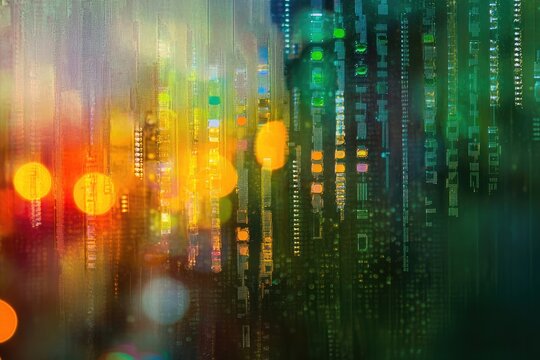 Abstract digital cityscape at night, blending warm bokeh lights with vibrant green code streams.