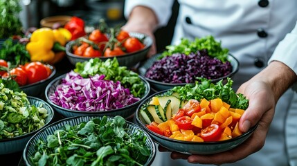 Chef presents vibrant salad bowls, kitchen background