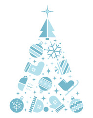 Winter Elements Icons in Shape of Christmas Tree. Holiday Banner. Merry Christmas, Happy New Year Design. Greeting Card Template. Christmas Ball, Snowflake, Hat, Glove, Skates. Vector in Blue, White