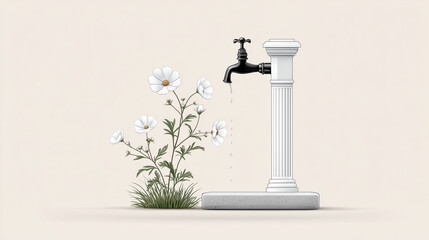 Water pump with flowers and grass in minimalist style on a neutral background  