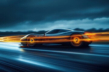 A sleek, futuristic sports car speeding at night, leaving trails of light.